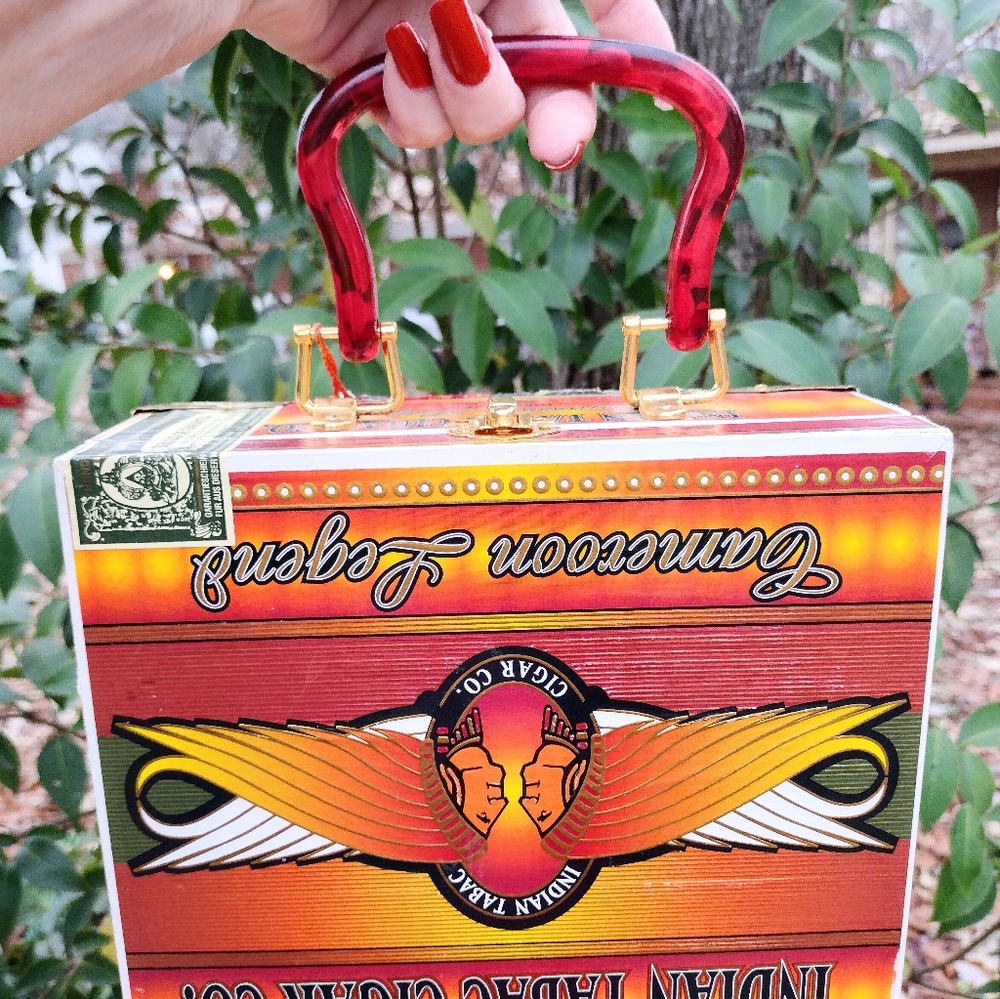 INDIAN TABAC CIGAR CO. WOOD SEQUIN   ANIMAL PRINT LINED BOX BAG